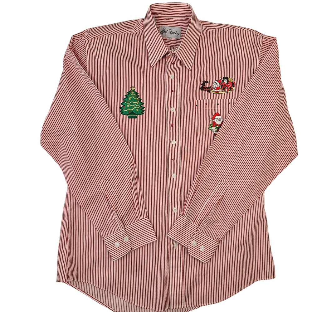 Get Lucky Vintage Christmas Button Down Shirt Red White Stripe Embroidery Mens M